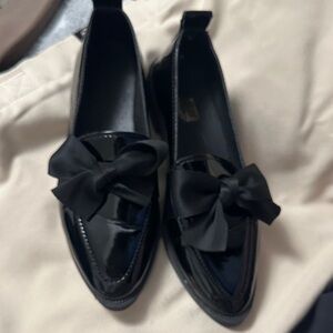 Patent Black Loafers with Satin Bow for Women
